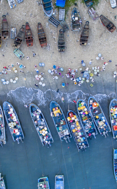 Bird’s eye view of fishing market on beach, China